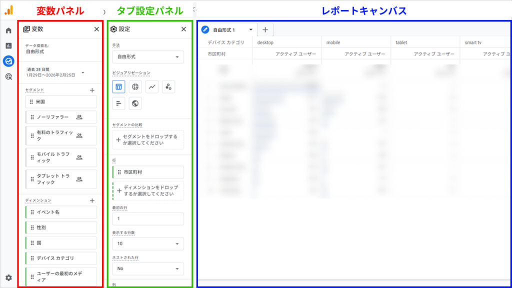 探索レポートの画面構成